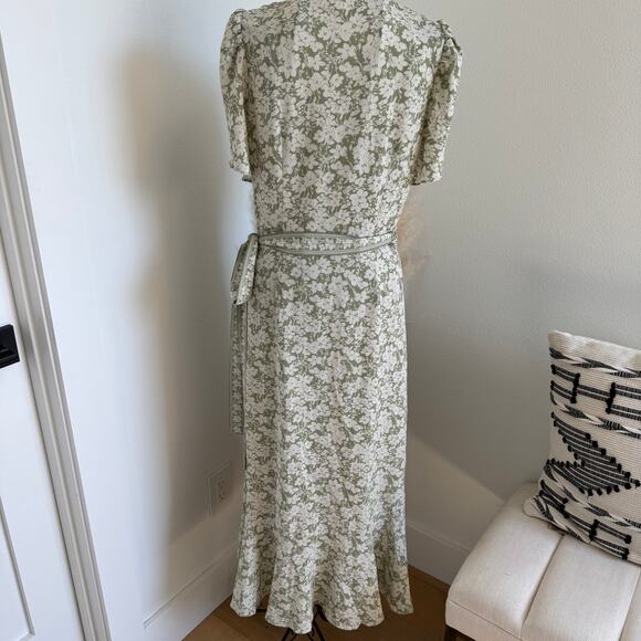 Max Studio Green Floral Ruffle Tulip Sleeve Midi Wrap Belted Dress- Med- Cottage - Picture 6 of 12